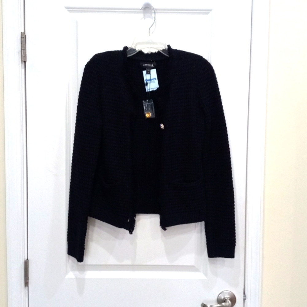 Express black waffle sweater. Fringy Parisienne look collar.  Brand new!